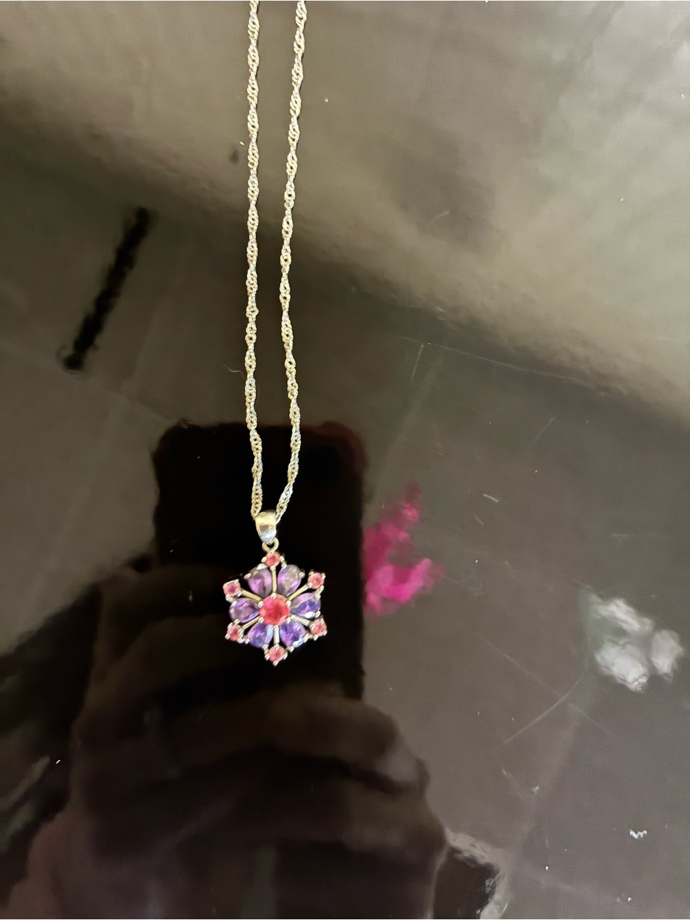 Floral Crystal Pendant 925 with Necklace in Purple and Pink